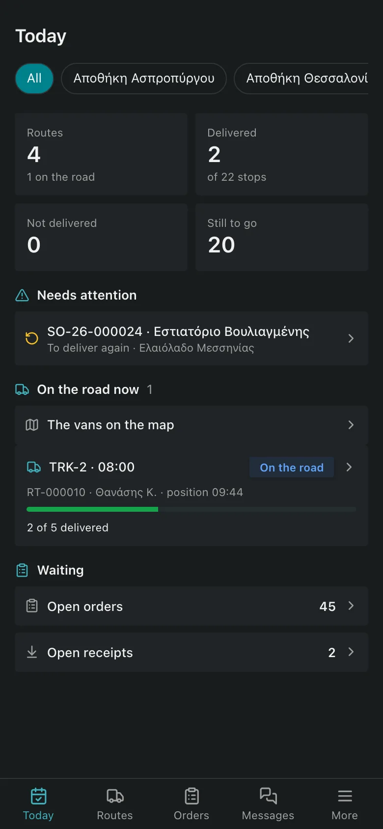 The Today screen on a phone: routes, deliveries, what needs attention and the van on the road.